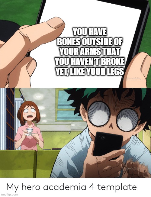 Gotta break em all! | YOU HAVE BONES OUTSIDE OF YOUR ARMS THAT YOU HAVEN'T BROKE YET, LIKE YOUR LEGS | image tagged in mha 4 template | made w/ Imgflip meme maker
