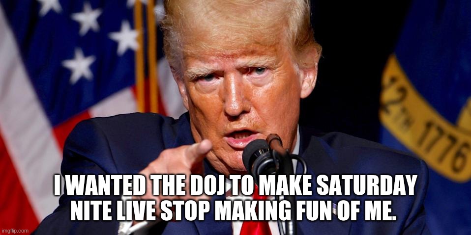 I WANTED THE DOJ TO MAKE SATURDAY NITE LIVE STOP MAKING FUN OF ME. | image tagged in donald trump | made w/ Imgflip meme maker