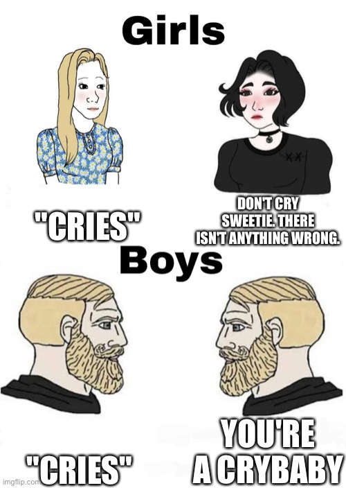 Girls vs Boys | "CRIES"; DON'T CRY SWEETIE. THERE ISN'T ANYTHING WRONG. YOU'RE A CRYBABY; "CRIES" | image tagged in girls vs boys | made w/ Imgflip meme maker