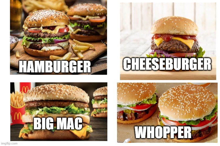 Burgers | CHEESEBURGER; HAMBURGER; BIG MAC; WHOPPER | image tagged in food,just for fun | made w/ Imgflip meme maker