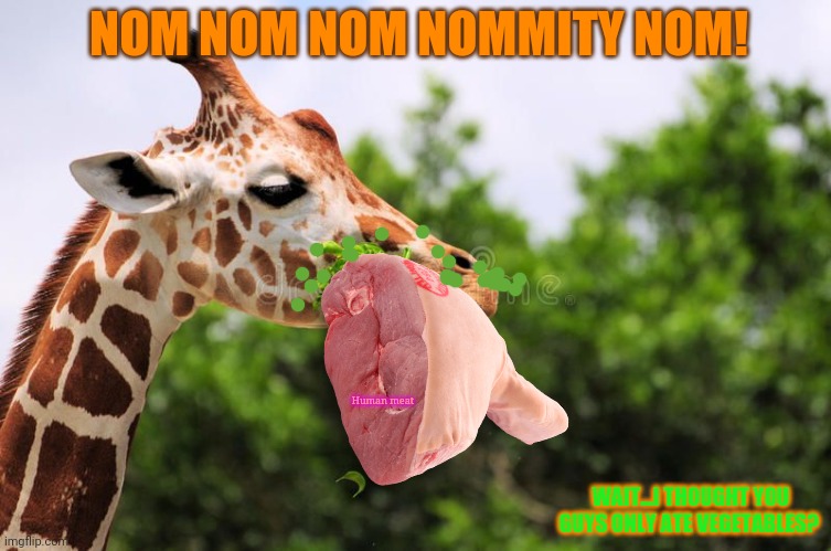 Free meat! | NOM NOM NOM NOMMITY NOM! Human meat; WAIT...I THOUGHT YOU GUYS ONLY ATE VEGETABLES? | image tagged in giraffe,meat,cannibalism,but why why would you do that | made w/ Imgflip meme maker