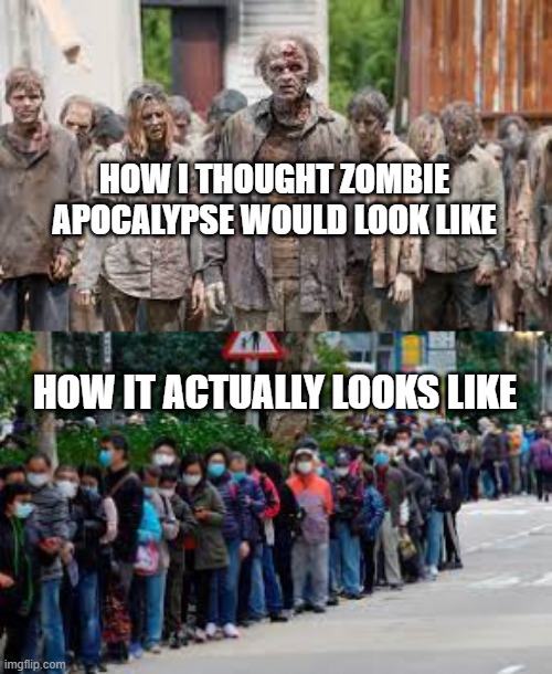 zombie apocalypse vs covid apocalypse | HOW I THOUGHT ZOMBIE APOCALYPSE WOULD LOOK LIKE; HOW IT ACTUALLY LOOKS LIKE | image tagged in face mask,zombies,zombie,covidiots,covid | made w/ Imgflip meme maker