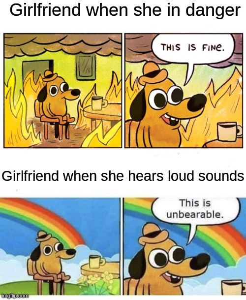 Girlfriend doesn't care about being manifest or Tricky | Girlfriend when she in danger; Girlfriend when she hears loud sounds | image tagged in memes,this is fine,girlfriend,friday night funkin | made w/ Imgflip meme maker