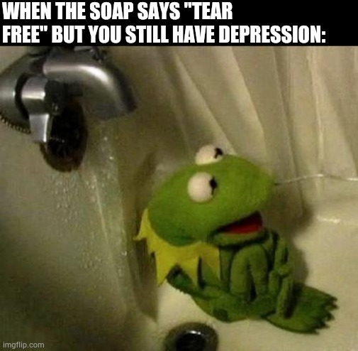 Kermit on Shower | WHEN THE SOAP SAYS "TEAR FREE" BUT YOU STILL HAVE DEPRESSION: | image tagged in kermit on shower | made w/ Imgflip meme maker
