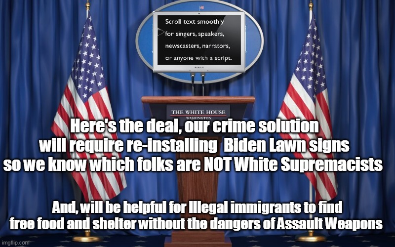 Mr. Plausible Deniability's Crime Solution | Here's the deal, our crime solution will require re-installing  Biden Lawn signs so we know which folks are NOT White Supremacists; And, will be helpful for Illegal immigrants to find free food and shelter without the dangers of Assault Weapons | image tagged in memes | made w/ Imgflip meme maker