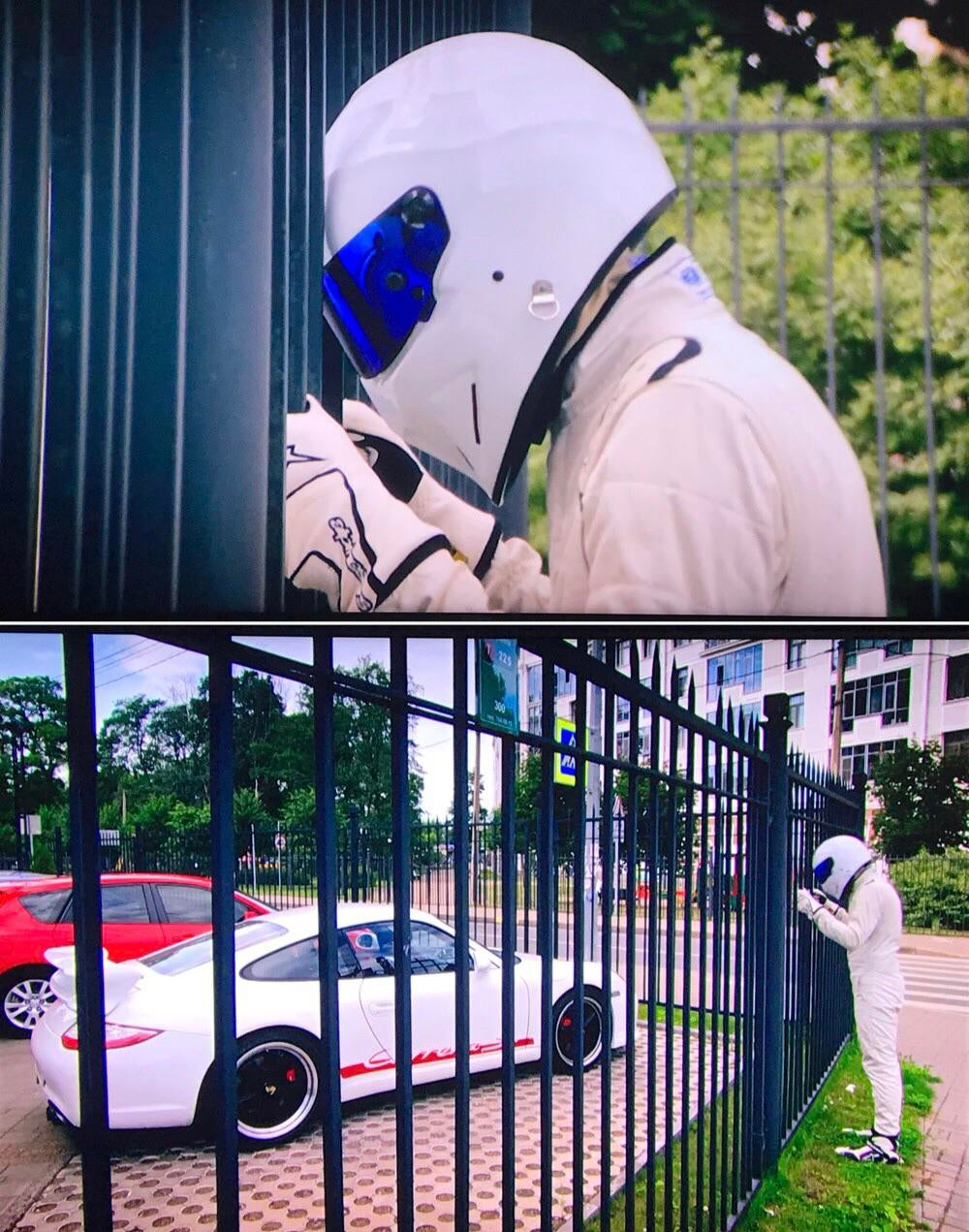 The Stig (Top Gear) trying to get to a car Blank Meme Template