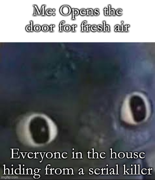 Unsettled Toothless | Me: Opens the door for fresh air; Everyone in the house hiding from a serial killer | image tagged in unsettled toothless | made w/ Imgflip meme maker