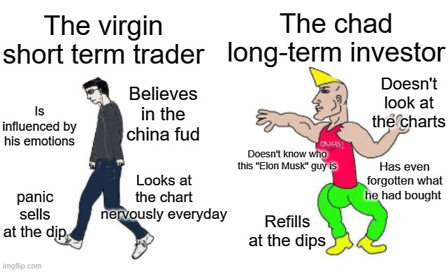 The virgin short-term trader vs the chad long-term investor | The chad long-term investor; The virgin short term trader; Doesn't look at the charts; Believes in the china fud; Is influenced by his emotions; Doesn't know who this "Elon Musk" guy is; Has even forgotten what he had bought; Looks at the chart nervously everyday; panic sells at the dip; Refills at the dips | image tagged in virgin vs chad | made w/ Imgflip meme maker