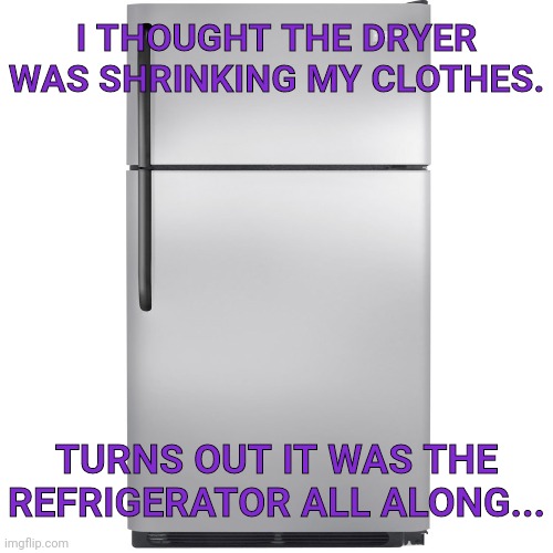 ㅤ | I THOUGHT THE DRYER WAS SHRINKING MY CLOTHES. TURNS OUT IT WAS THE REFRIGERATOR ALL ALONG... | image tagged in refrigerator,eyeroll,dad joke | made w/ Imgflip meme maker
