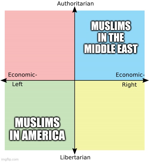Political Compass |  MUSLIMS IN THE MIDDLE EAST; MUSLIMS IN AMERICA | image tagged in political compass | made w/ Imgflip meme maker