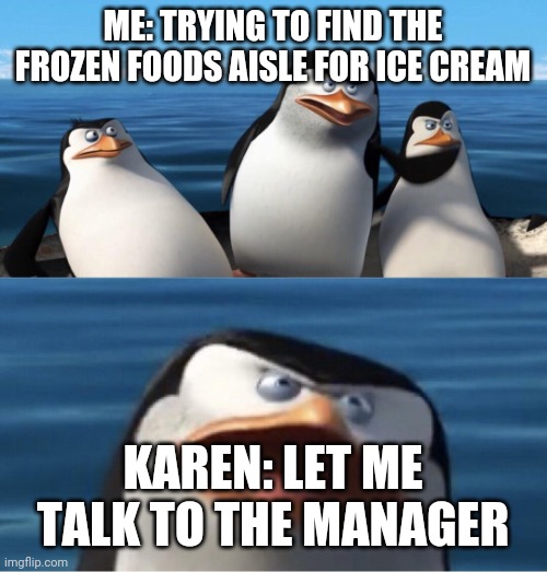 Karen's at Walmart | ME: TRYING TO FIND THE FROZEN FOODS AISLE FOR ICE CREAM; KAREN: LET ME TALK TO THE MANAGER | image tagged in wouldn't that make you | made w/ Imgflip meme maker