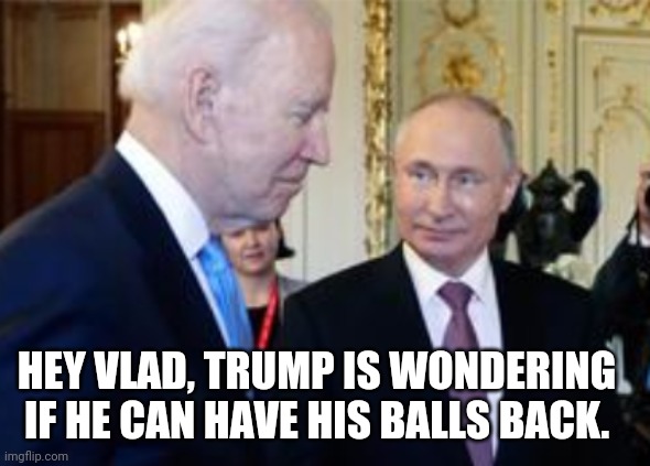 Ball less donny | HEY VLAD, TRUMP IS WONDERING IF HE CAN HAVE HIS BALLS BACK. | image tagged in joe biden,vladimir putin,donald trump,conservatives,maga,republicans | made w/ Imgflip meme maker