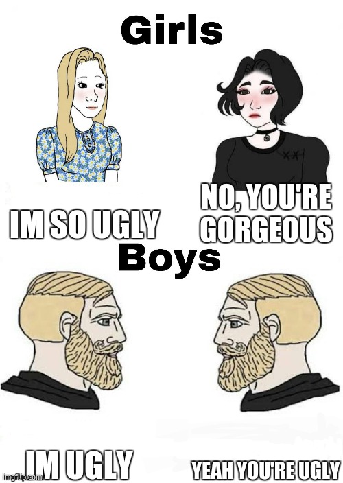almost true | IM SO UGLY; NO, YOU'RE GORGEOUS; YEAH YOU'RE UGLY; IM UGLY | image tagged in girls vs boys,funny | made w/ Imgflip meme maker
