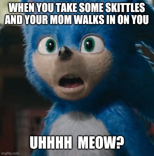 Sonic Movie | WHEN YOU TAKE SOME SKITTLES AND YOUR MOM WALKS IN ON YOU; UHHHH  MEOW? | image tagged in sonic movie | made w/ Imgflip meme maker