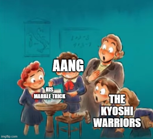 Airbending master | AANG; THE KYOSHI WARRIORS; HIS MARBLE TRICK | image tagged in shocked class | made w/ Imgflip meme maker