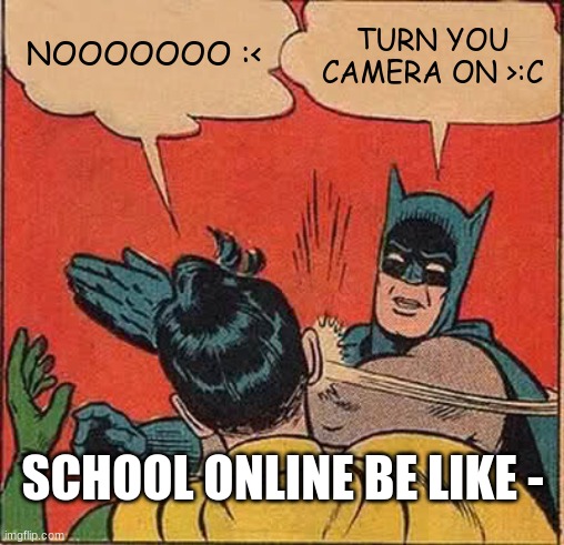 Batman Slapping Robin | NOOOOOOO :<; TURN YOU CAMERA ON >:C; SCHOOL ONLINE BE LIKE - | image tagged in memes,batman slapping robin | made w/ Imgflip meme maker