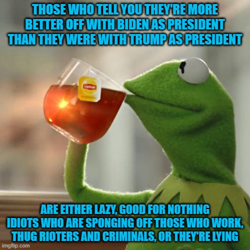 If you don't belong to the first groups, you're a freaking liar. | THOSE WHO TELL YOU THEY'RE MORE BETTER OFF WITH BIDEN AS PRESIDENT THAN THEY WERE WITH TRUMP AS PRESIDENT; ARE EITHER LAZY, GOOD FOR NOTHING IDIOTS WHO ARE SPONGING OFF THOSE WHO WORK, THUG RIOTERS AND CRIMINALS, OR THEY'RE LYING | image tagged in memes,but that's none of my business,kermit the frog | made w/ Imgflip meme maker