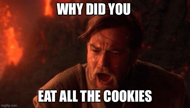 Sibling Wars #1 | WHY DID YOU; EAT ALL THE COOKIES | image tagged in memes,you were the chosen one star wars | made w/ Imgflip meme maker