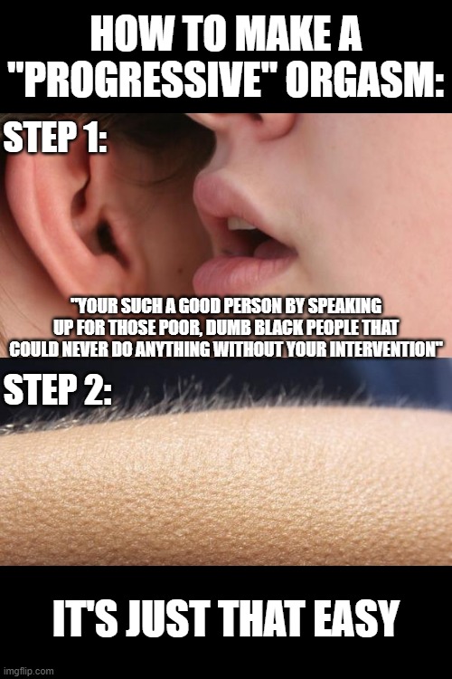Progressive Hypocrisy | HOW TO MAKE A "PROGRESSIVE" ORGASM:; STEP 1:; "YOUR SUCH A GOOD PERSON BY SPEAKING UP FOR THOSE POOR, DUMB BLACK PEOPLE THAT COULD NEVER DO ANYTHING WITHOUT YOUR INTERVENTION"; STEP 2:; IT'S JUST THAT EASY | image tagged in whisper and goosebumps,progressives,white guilt,virtue signalling,racist,hypocrisy | made w/ Imgflip meme maker