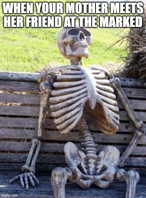 Waiting Skeleton Meme | WHEN YOUR MOTHER MEETS HER FRIEND AT THE MARKED | image tagged in memes,waiting skeleton | made w/ Imgflip meme maker