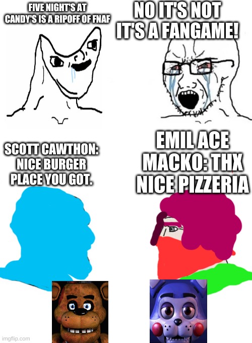 Stop calling Five nights at candy's a ripoff! | NO IT'S NOT IT'S A FANGAME! FIVE NIGHT'S AT CANDY'S IS A RIPOFF OF FNAF; EMIL ACE MACKO: THX NICE PIZZERIA; SCOTT CAWTHON: NICE BURGER PLACE YOU GOT. | image tagged in chad yes meme | made w/ Imgflip meme maker