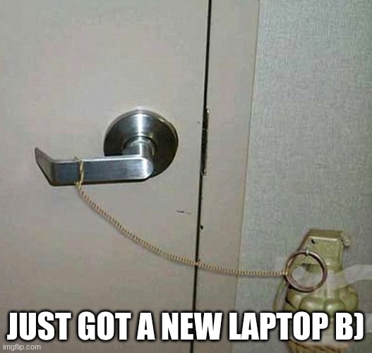 snd yes, im back | JUST GOT A NEW LAPTOP B) | image tagged in grenade door handle | made w/ Imgflip meme maker