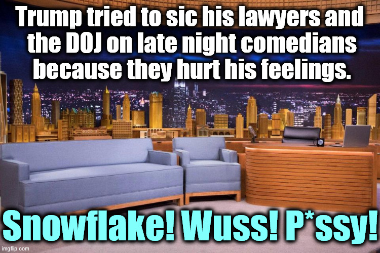 Trump is not strong. Trump is not tough. SNL is tougher than Trump. Trump is weak. | Trump tried to sic his lawyers and 

the DOJ on late night comedians because they hurt his feelings. Snowflake! Wuss! P*ssy! | image tagged in trump,snowflake,wimp,weak | made w/ Imgflip meme maker