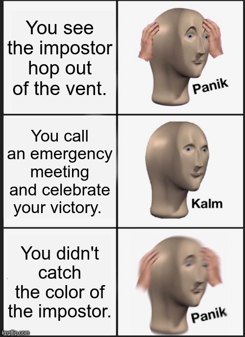 Yep. | You see the impostor hop out of the vent. You call an emergency meeting and celebrate your victory. You didn't catch the color of the impostor. | image tagged in memes,panik kalm panik | made w/ Imgflip meme maker