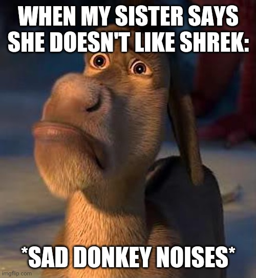 Who Doesn't Like Shrek? | WHEN MY SISTER SAYS SHE DOESN'T LIKE SHREK:; *SAD DONKEY NOISES* | image tagged in sad donkey | made w/ Imgflip meme maker