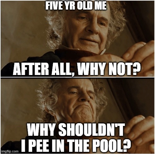 Bilbo - Why shouldn’t I keep it? | FIVE YR OLD ME; AFTER ALL, WHY NOT? WHY SHOULDN'T I PEE IN THE POOL? | image tagged in bilbo - why shouldn t i keep it | made w/ Imgflip meme maker