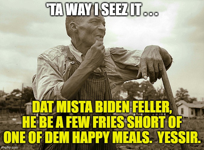Pensive Colored Sharecropper | 'TA WAY I SEEZ IT . . . DAT MISTA BIDEN FELLER, HE BE A FEW FRIES SHORT OF ONE OF DEM HAPPY MEALS.  YESSIR. | image tagged in pensive colored sharecropper | made w/ Imgflip meme maker