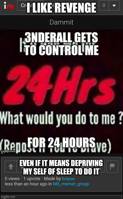 I LIKE REVENGE; EVEN IF IT MEANS DEPRIVING MY SELF OF SLEEP TO DO IT | made w/ Imgflip meme maker