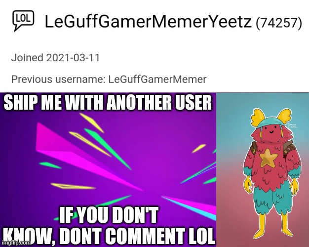 Eeeeeee comment anyways even if you dont know | SHIP ME WITH ANOTHER USER; IF YOU DON'T KNOW, DONT COMMENT LOL | image tagged in leguffgamermemeryeetz announcement template | made w/ Imgflip meme maker