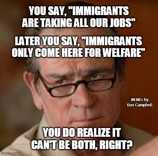 my face when someone asks a stupid question | YOU SAY, "IMMIGRANTS ARE TAKING ALL OUR JOBS"; LATER YOU SAY, "IMMIGRANTS ONLY COME HERE FOR WELFARE"; MEMEs by Dan Campbell; YOU DO REALIZE IT CAN'T BE BOTH, RIGHT? | image tagged in my face when someone asks a stupid question | made w/ Imgflip meme maker