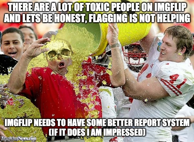 Toxic Waste | THERE ARE A LOT OF TOXIC PEOPLE ON IMGFLIP AND LETS BE HONEST, FLAGGING IS NOT HELPING; IMGFLIP NEEDS TO HAVE SOME BETTER REPORT SYSTEM
(IF IT DOES I AM IMPRESSED) | image tagged in toxic waste | made w/ Imgflip meme maker