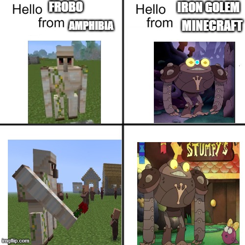 Robots and children get along | FROBO; IRON GOLEM; MINECRAFT; AMPHIBIA | image tagged in hello person from | made w/ Imgflip meme maker