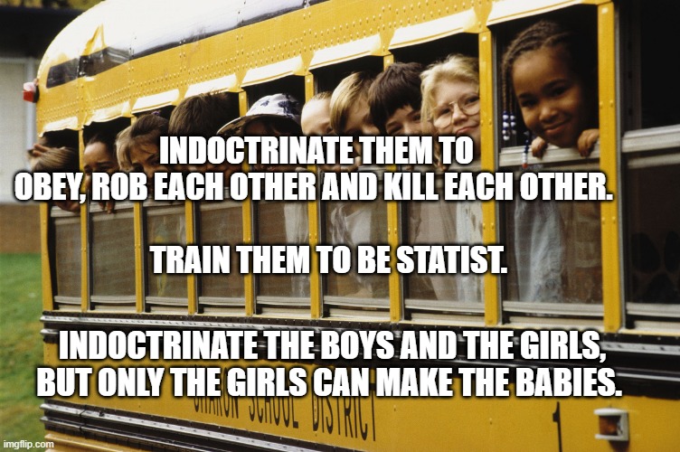 Kids on a school bus | INDOCTRINATE THEM TO OBEY, ROB EACH OTHER AND KILL EACH OTHER. 
                  TRAIN THEM TO BE STATIST. INDOCTRINATE THE BOYS AND THE GIRLS, BUT ONLY THE GIRLS CAN MAKE THE BABIES. | image tagged in kids on a school bus | made w/ Imgflip meme maker