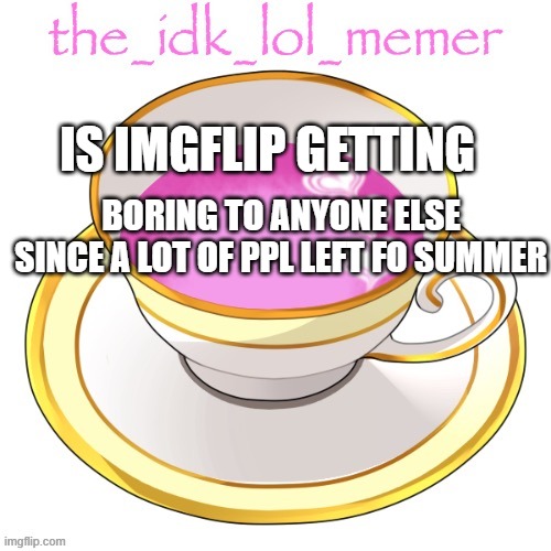 the_idk_lol_memer temp | IS IMGFLIP GETTING; BORING TO ANYONE ELSE SINCE A LOT OF PPL LEFT FO SUMMER | image tagged in the_idk_lol_memer temp | made w/ Imgflip meme maker