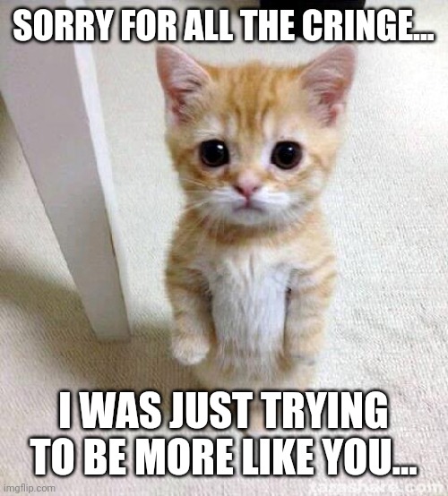 Sorry for all the cringe... |  SORRY FOR ALL THE CRINGE... I WAS JUST TRYING TO BE MORE LIKE YOU... | image tagged in memes,cute cat | made w/ Imgflip meme maker