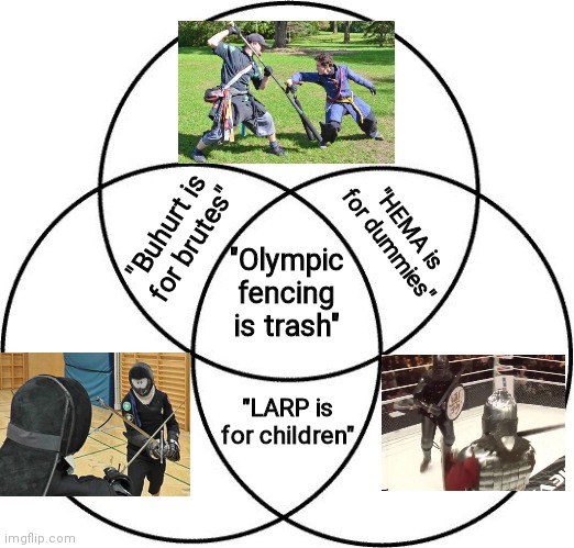 I'm a HEMA guy myself, but I actually like the ideas of LARP and Buhurt, even if they're not always perfectly executed. | "Buhurt is for brutes"; "HEMA is for dummies"; "Olympic fencing is trash"; "LARP is for children" | image tagged in venn diagram,hema,buhurt,larp,olympic fencing,swords | made w/ Imgflip meme maker