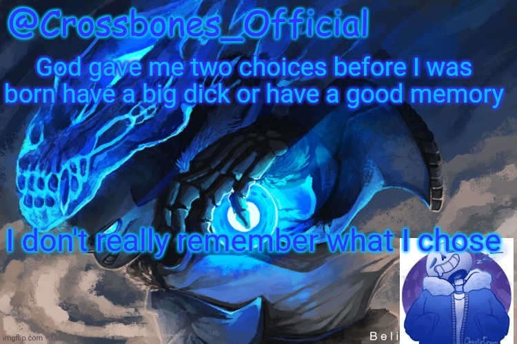 Crossbones_Official sanspai temp | God gave me two choices before I was born have a big dick or have a good memory; I don't really remember what I chose | image tagged in crossbones_official sanspai temp | made w/ Imgflip meme maker
