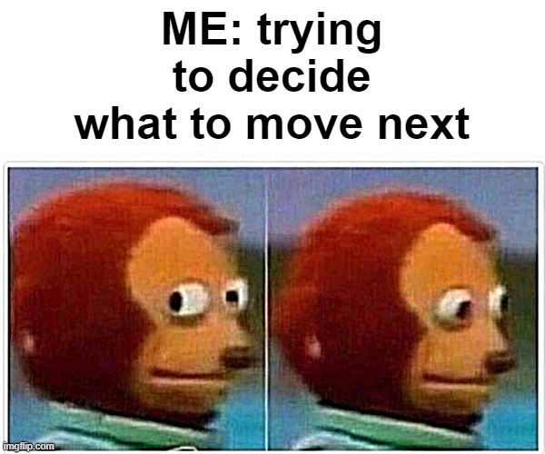 Monkey Puppet Meme | ME: trying to decide what to move next | image tagged in memes,monkey puppet | made w/ Imgflip meme maker