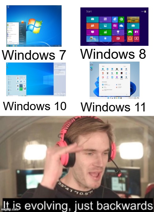Whycrosoft? | Windows 8; Windows 7; Windows 10; Windows 11 | image tagged in memes,blank white template,it is evolving just backwards,microsoft,windows,computers | made w/ Imgflip meme maker