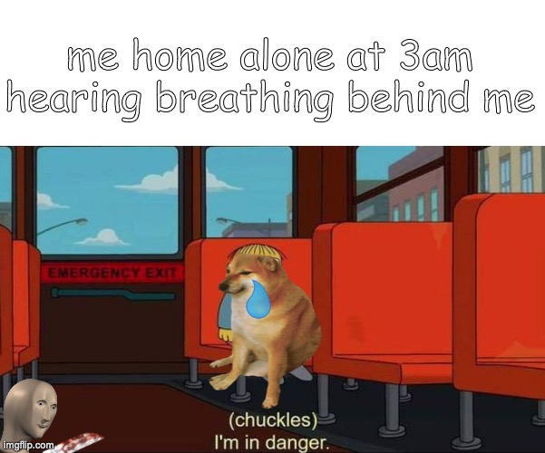 I'm in Danger + blank place above | me home alone at 3am hearing breathing behind me | image tagged in memes | made w/ Imgflip meme maker