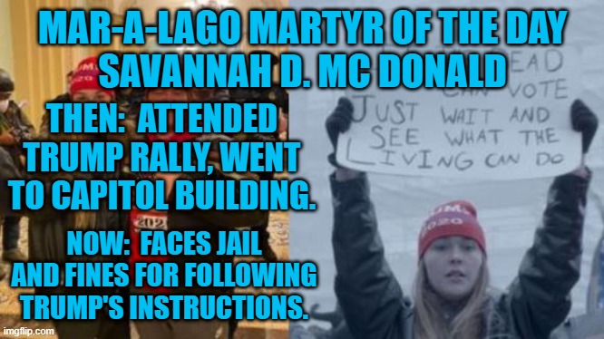 One of many who really didn't think they were doing anything wrong. | MAR-A-LAGO MARTYR OF THE DAY
SAVANNAH D. MC DONALD; THEN:  ATTENDED TRUMP RALLY, WENT TO CAPITOL BUILDING. NOW:  FACES JAIL AND FINES FOR FOLLOWING TRUMP'S INSTRUCTIONS. | image tagged in politics | made w/ Imgflip meme maker