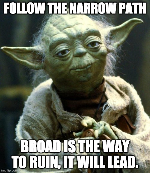 Star Wars Yoda Meme | FOLLOW THE NARROW PATH; BROAD IS THE WAY TO RUIN, IT WILL LEAD. | image tagged in memes,star wars yoda | made w/ Imgflip meme maker