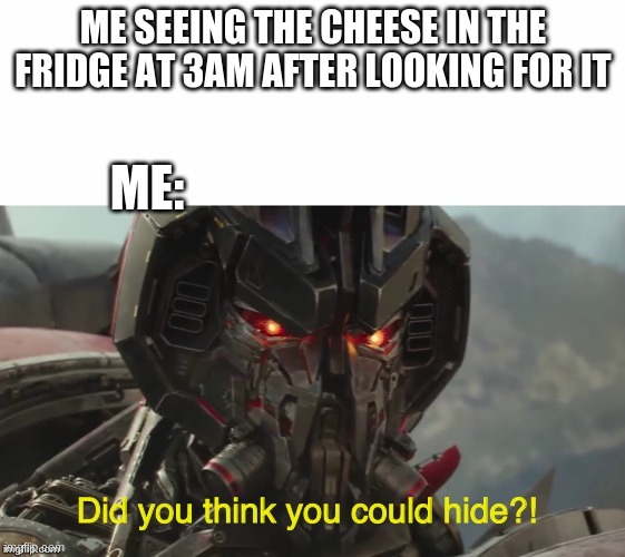 me too | ME SEEING THE CHEESE IN THE FRIDGE AT 3AM AFTER LOOKING FOR IT; ME: | image tagged in did you think you could hide,chesse | made w/ Imgflip meme maker