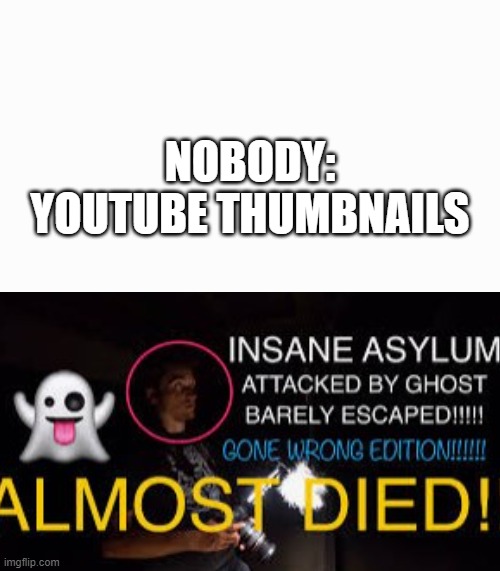 F***ing clickbait! | NOBODY:
YOUTUBE THUMBNAILS | image tagged in ghost,fake,clickbait | made w/ Imgflip meme maker