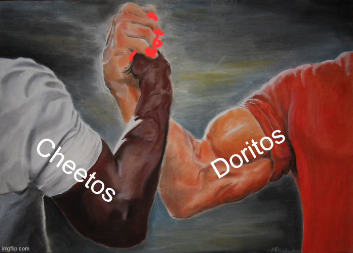 monke | Doritos; Cheetos | image tagged in memes,epic handshake,cheetos,doritos,red finger,dust | made w/ Imgflip meme maker