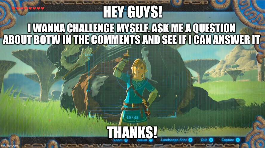 Make ‘em tricky! | I WANNA CHALLENGE MYSELF. ASK ME A QUESTION ABOUT BOTW IN THE COMMENTS AND SEE IF I CAN ANSWER IT; HEY GUYS! THANKS! | image tagged in link botw,question | made w/ Imgflip meme maker